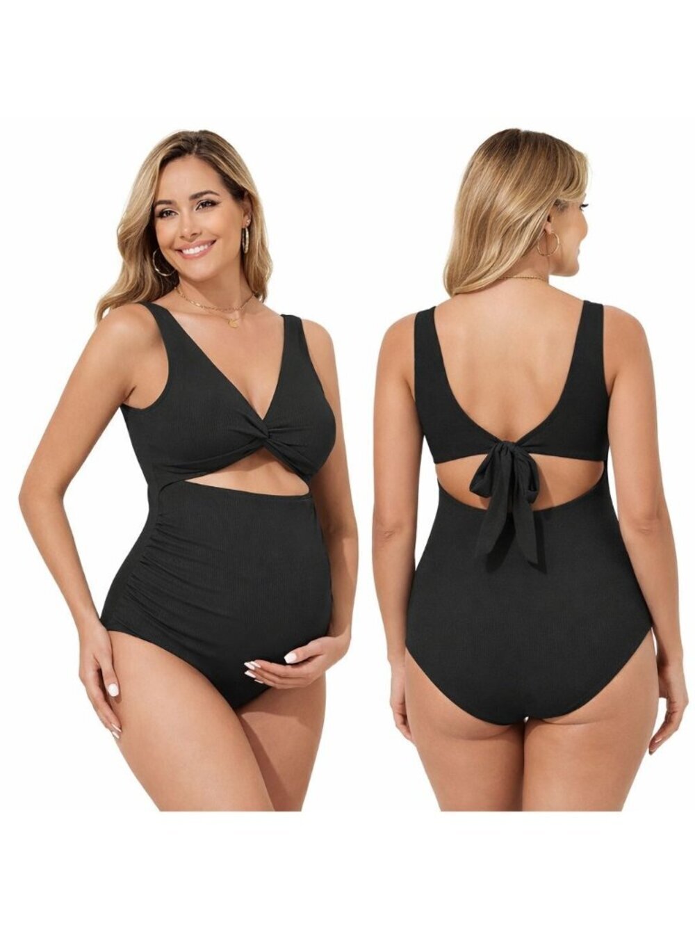 🆕XL Black Maternity Ribbed High Waist One-Piece Swimsuit